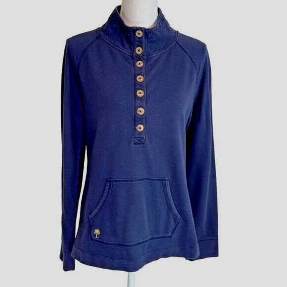 Lilly Pulitzer Navy Blue Sweatshirt Womens Size M Gold Buttons With Pocket - Picture 2 of 11